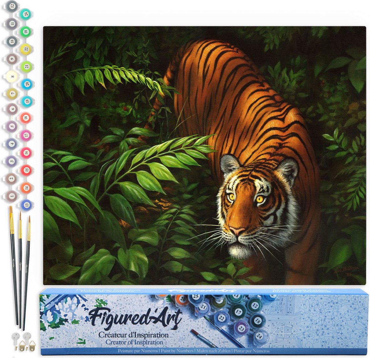 FiguredArt Schilderen op Nummer Volwassenen canvas Tijger in de varens - Handwerk acrylverf Kit DIY Compleet - 40x50cm zonder frame